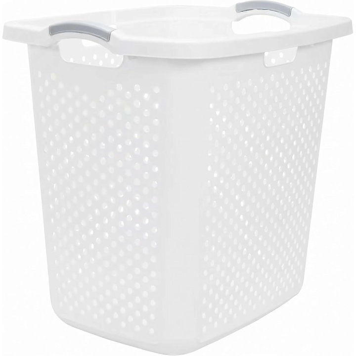 Cos de rufe FG123K0225-260807-525, din plastic rezistent, capacitate 2,5 bushels, inalt, cu 4 manere si ventilatie cu gauri rotunde, alb