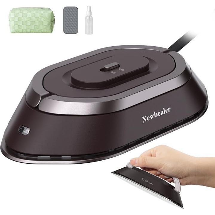 **Mini fier de calcat de voiaj Newbealer, tensiune universala 100-240 V, fara abur, talpa ceramica, incalzire rapida pana la 150°C, compact, cu pulverizator, husa de depozitare si suport din silicon, maro