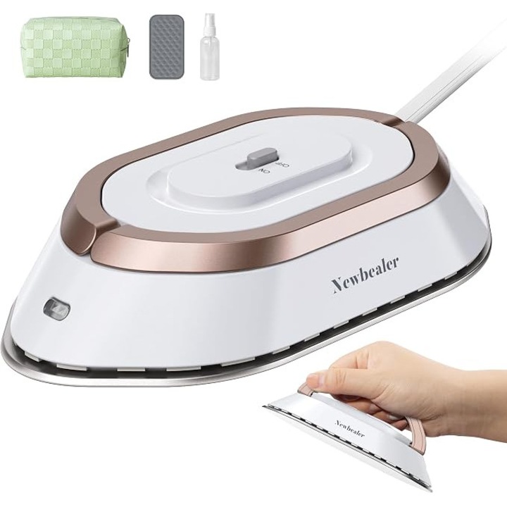 **Mini fier de calcat de voiaj Newbealer, tensiune universala 100-240 V, fara abur, talpa ceramica, incalzire rapida pana la 150°C, compact, cu pulverizator, husa de depozitare si suport din silicon, auriu