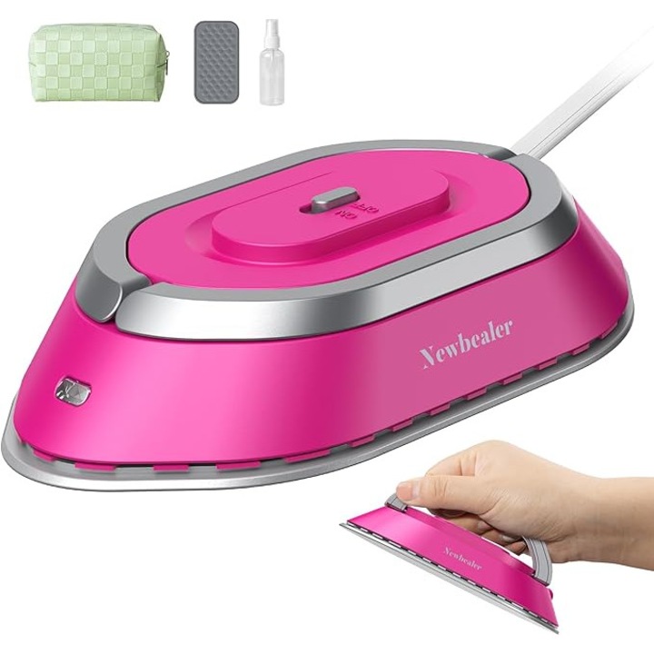 **Mini fier de calcat de voiaj Newbealer, tensiune universala 100-240 V, fara abur, talpa ceramica, incalzire rapida pana la 150°C, compact, cu pulverizator, husa de depozitare si suport din silicon, roz