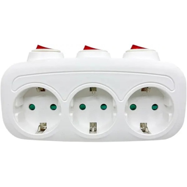 Adaptor de priza triplu PRE-CJk0515-26-0805-776, 3 prize Schuko cu intrerupatoare individuale, protectie la suprasarcina, miez din cupru, alb