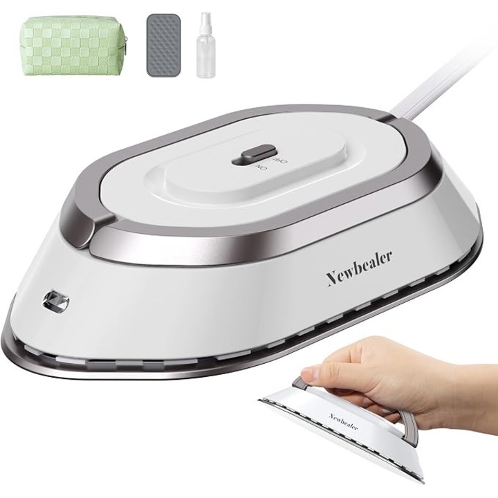 **Mini fier de calcat de voiaj Newbealer, tensiune universala 100-240 V, fara abur, talpa ceramica, incalzire rapida pana la 150°C, compact, cu pulverizator, husa de depozitare si suport din silicon, alb