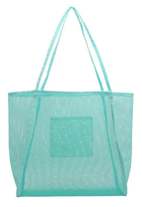 Geanta de plaja din plasa (mesh) cu capacitate mare, buzunar exterior, barete duble, verde, marime unica