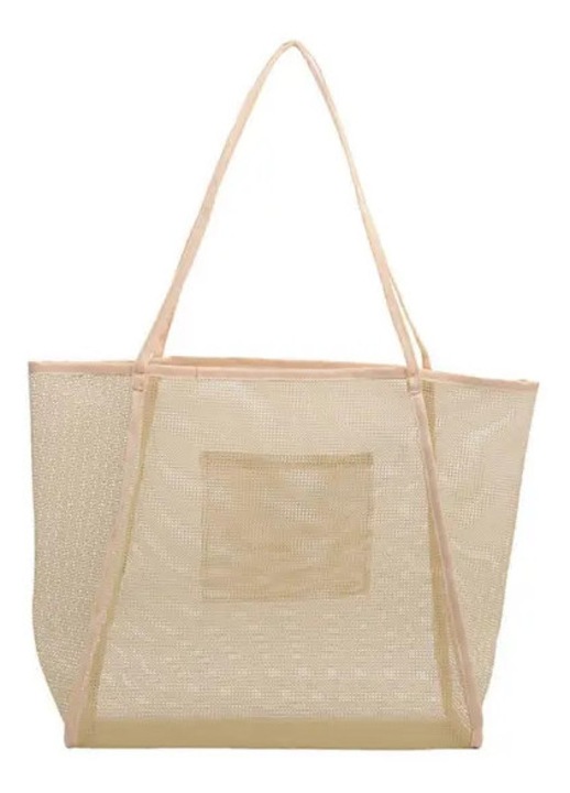 Geanta de plaja din plasa (mesh) cu barete de umar, capacitate mare, buzunar frontal, khaki, marime unica