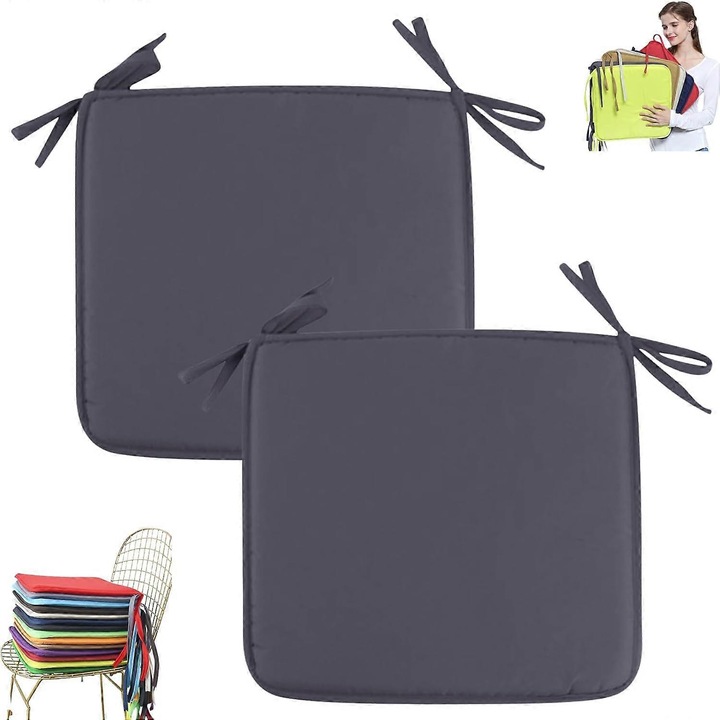Set 2 perne pentru scaun 40 x 40 cm (16 x 16 in) pentru interior/exterior, poliester moale, cu snururi de prindere, gri inchis
