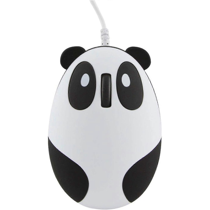 Оптична мишка с кабел CJ-F-K0204-20260805-11296, 1600 DPI, 3 бутона, дизайн панда, USB, съвместима с Windows/Mac/Linux/Android, черно/бяло, кабел 1.41 м