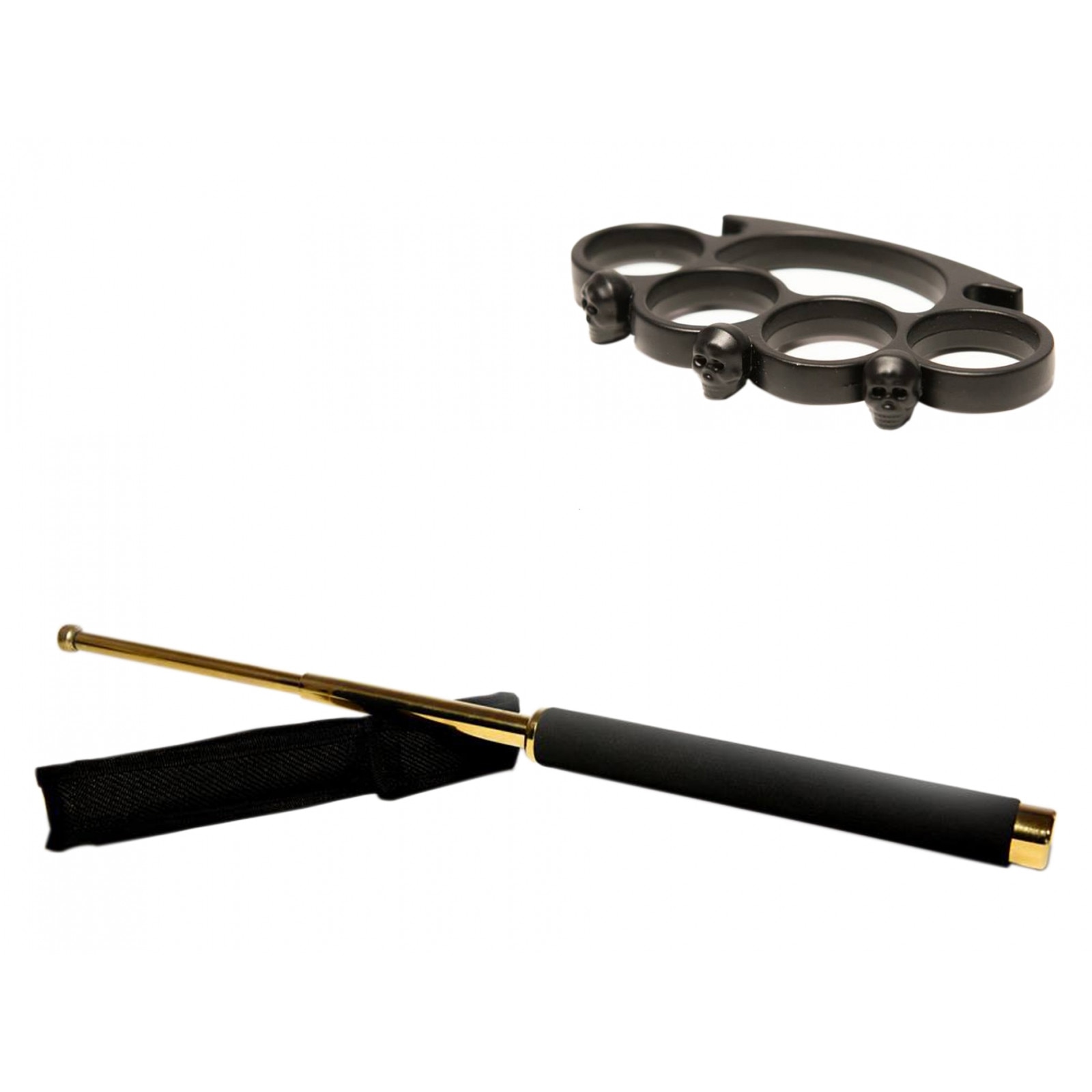 Set baston telescopic 65 cm auriu si box craniu negru, otel inoxidabil