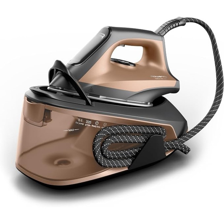 Statie de calcat cu abur Rowenta Force Pro 300 VR5432F0, 2400 W, presiune pompa 6, 1 bari, debit continuu de abur 110 g/min, jet de abur 320 g/min, mod Eco, abur vertical, incalzire rapida, auriu