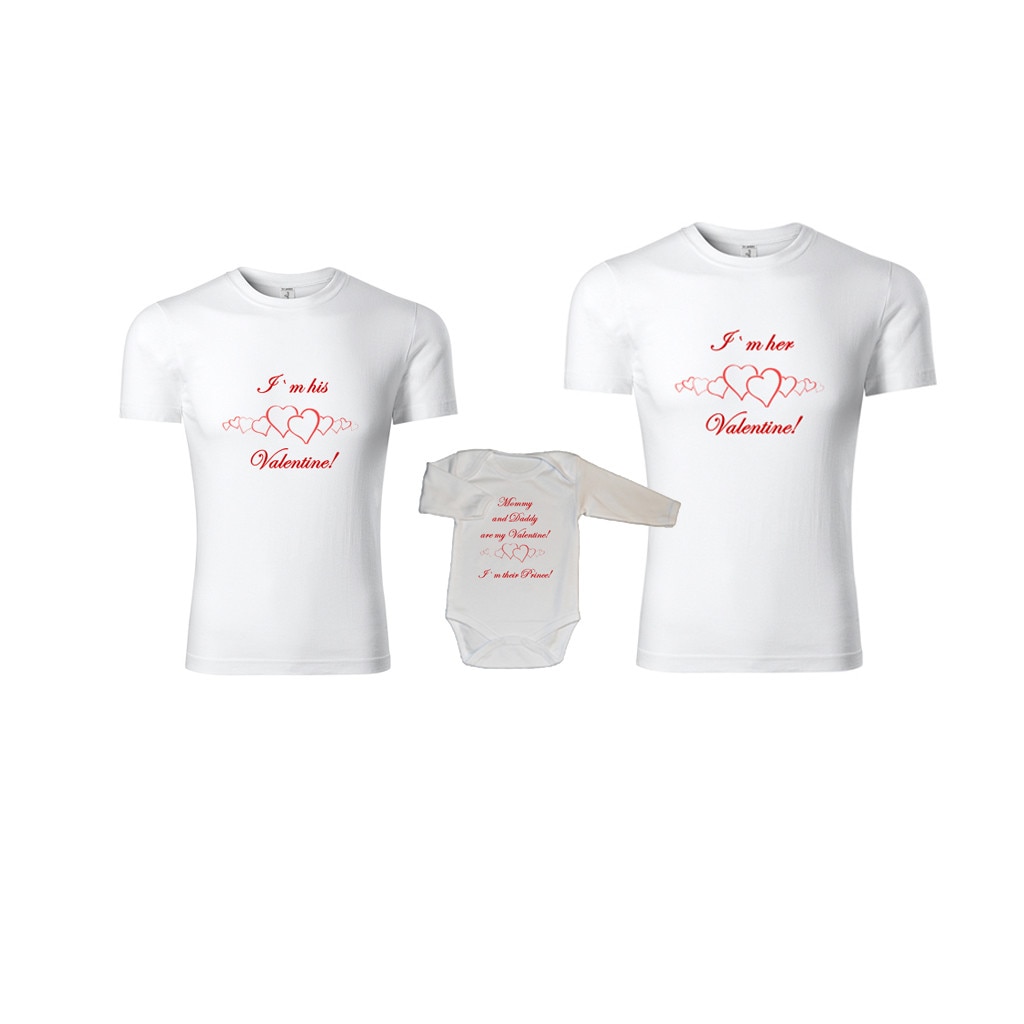 Set tricouri personalizate si body din bumbac - Row of Hearts - Valentine's Day, Alb cu rosu, M si XL