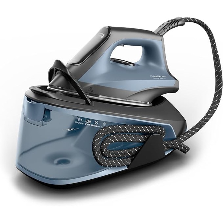 Statie de calcat cu abur Rowenta Force Pro 350 VR5431F0 2400 W, presiune pompa 6, 1 bari, debit continuu de abur 110 g/min, jet de abur 320 g/min, mod Eco, abur vertical, incalzire rapida, albastru
