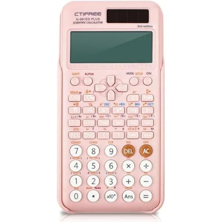 Научен калкулатор K0569-260805-851-AMC, 417 функции, естествен дисплей 10+2 цифри, соларно захранване + батерия CR2025, розов