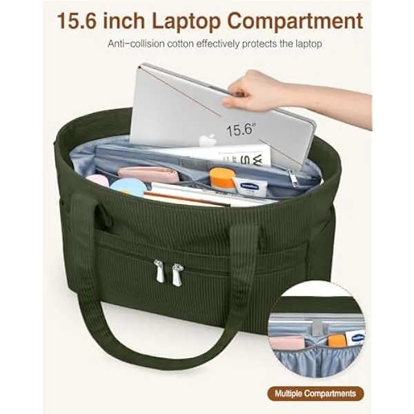 Geanta tote pentru laptop cu fermoar, buzunare multiple, capacitate mare, verde inchis