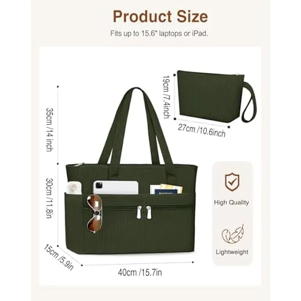 Geanta tote pentru laptop cu fermoar, buzunare multiple, capacitate mare, verde inchis