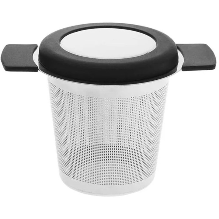 Infuzor de ceai din otel inoxidabil 304, sita fina cu capac si manere detasabile, negru, cidiscount-xKx-260805-146