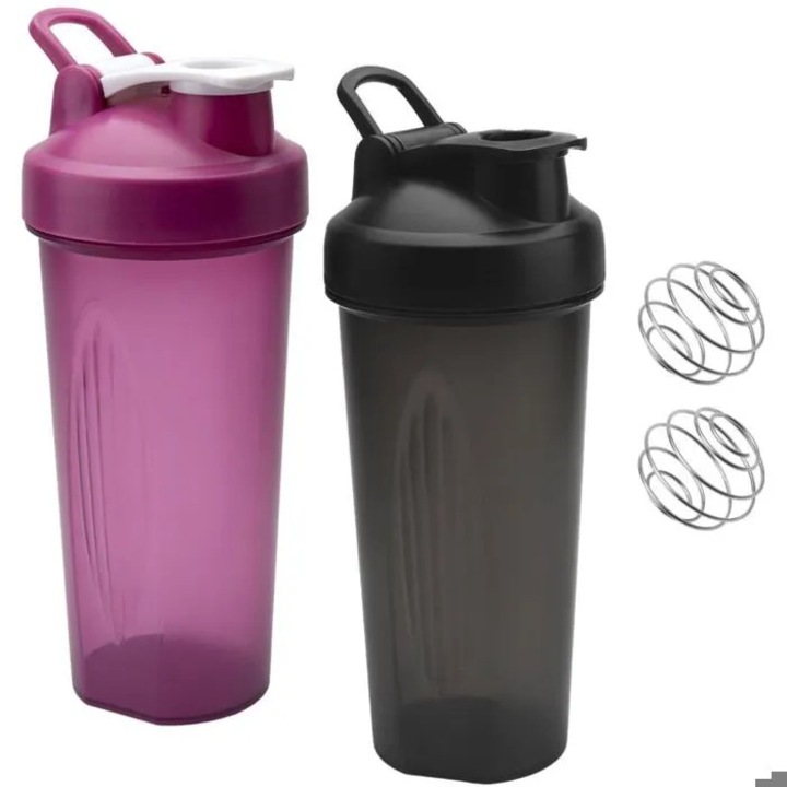Set 2 shaker cidiscount-xKx-260805-572, 600 ml, din plastic (polipropilena), cu bile metalice pentru mixare, capac etans antipicurare, mov/negru
