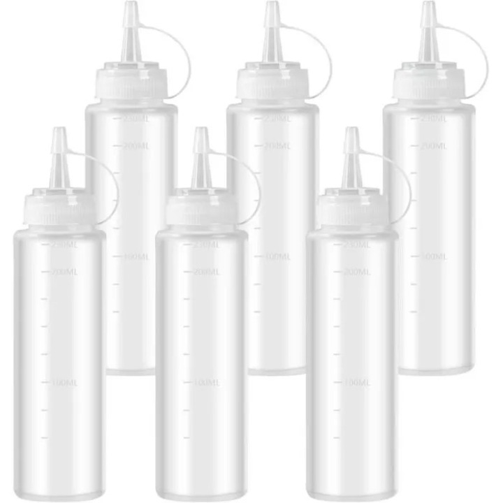 Sticle dozatoare tip squeeze din plastic, varf conic cu capac, 240 ml, transparent, set 6 bucati
