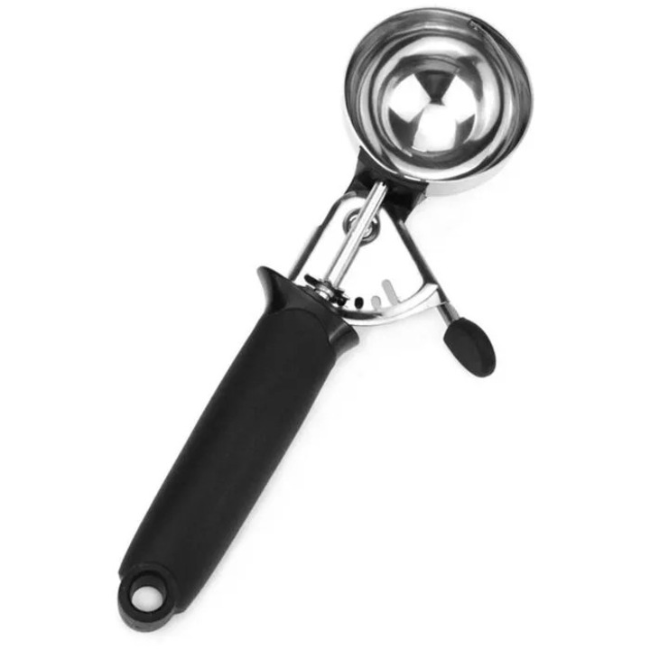 Lingura pentru inghetata din otel inoxidabil K0367-0806-HS8219, cu mecanism cu declansator si protectie, maner ergonomic antiderapant, negru/argintiu