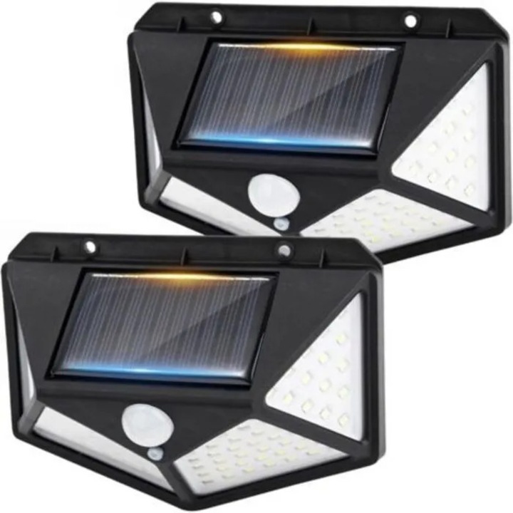 Set de 2 lampi solare de exterior cidiscount-xwx-260805-54, 100 LED, senzor de miscare, fascicul 270°, baterie 800 mAh, 3 moduri, IP65, negru