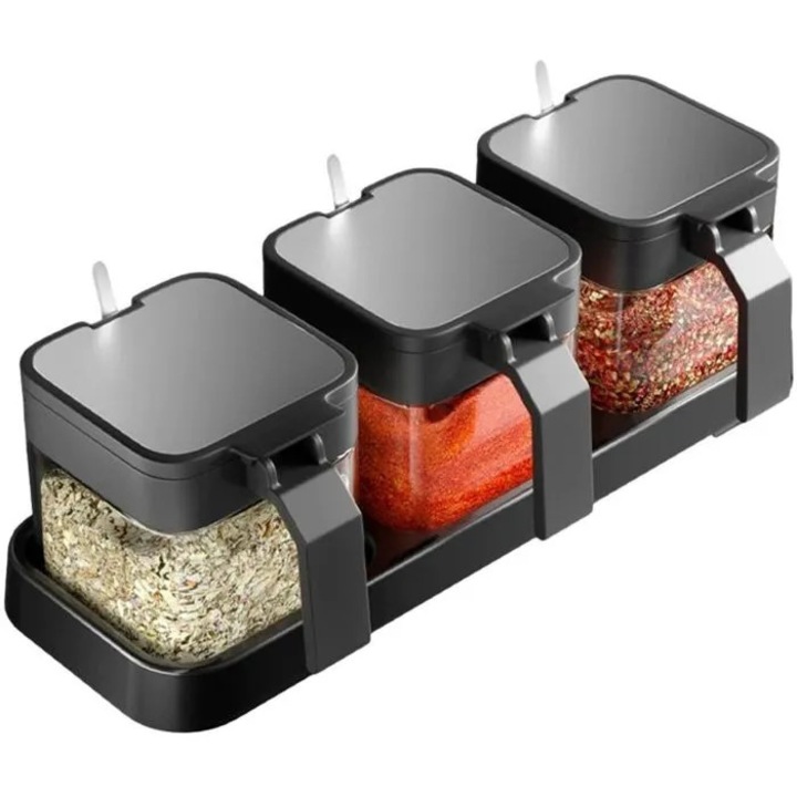 Set de 3 recipiente pentru condimente din sticla, cu tava si lingurite masuratoare, capace ABS cu insertii din inox, etanse, transparent, negru/argintiu