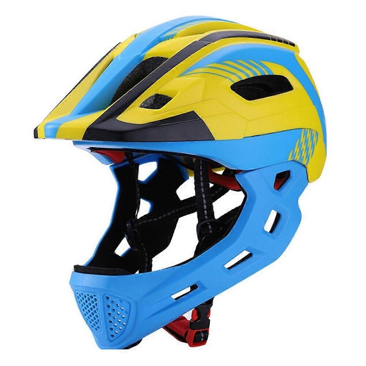 Casca de bicicleta pentru copii eMAG-CJ16-fr2608050071, detasabila full-face/half-face, carcasa PC+EPS, 10 ventilatii, vizier si musca ventilata, galben/albastru, 52–56 cm