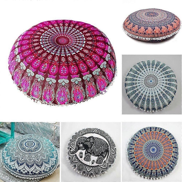 Perna rotunda de podea cu imprimeu mandala si pompoane, multicolor