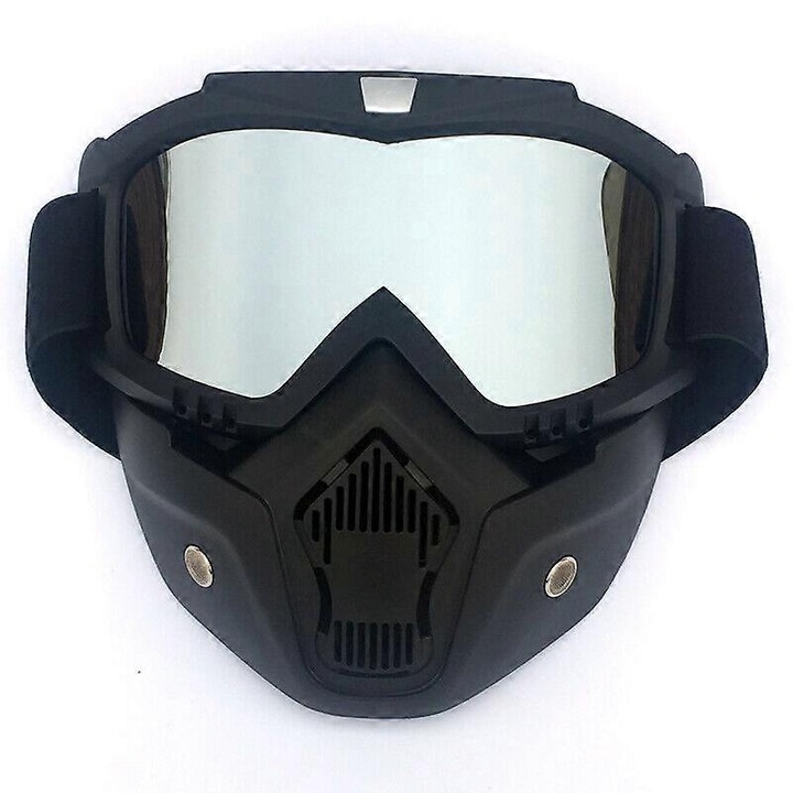 Gogle cu masca detasabila din TPU cu lentila PC argintie oglinda, anti-UV, ventilate, banda elastica reglabila, negru, marime adult