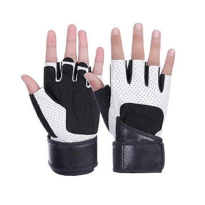Manusi fitness, din microfibra si lycra cu suport pentru incheietura, palma cu pad amortizor si degete decupate, alb/negru, marime universala