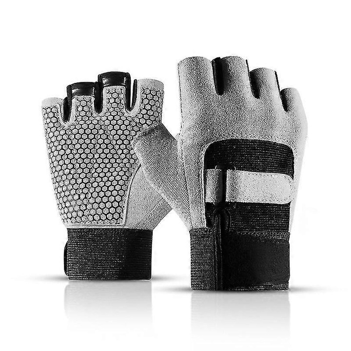 Manusi de ciclism din imitatie de piele, jumatate deget, antiderapante cu model hex si inchidere velcro, gri/negru