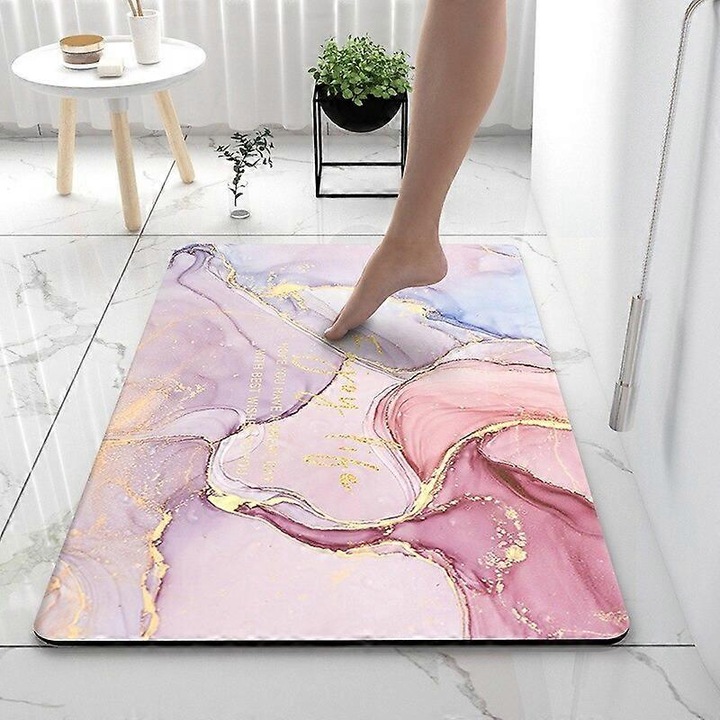 Covoras de baie absorbant cu model marmorat si baza antiderapanta, multicolor, 80 x 50 cm
