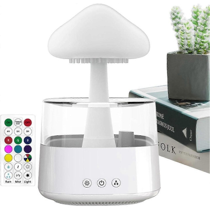 Umidificator cu ultrasunete eMAG-CJ16-fr2608054869, difuzor aroma, lumina RGB colorata, telecomanda, 3 trepte ceata, 450 ml, alimentare USB, alb