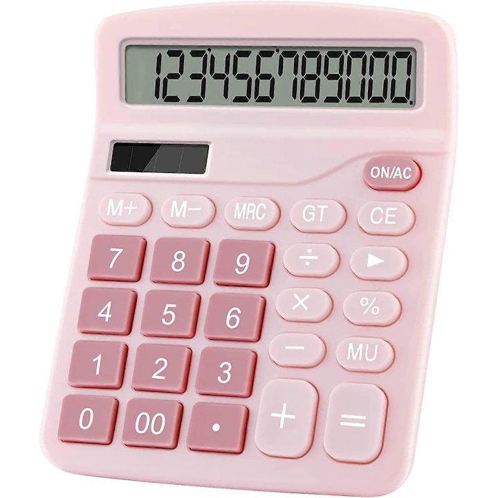 Настолен калкулатор 12 цифри eMAG-CJ16-fr2608055009, двойно захранване соларно и батерия, големи бутони, розов