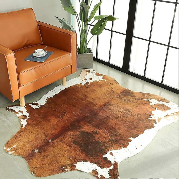 Covor tip piele de vaca, eMAG-CJ16-fr2608053718, faux din poliester (crystal velvet), cu suport antiderapant, 110 x 70 cm, maro/alb