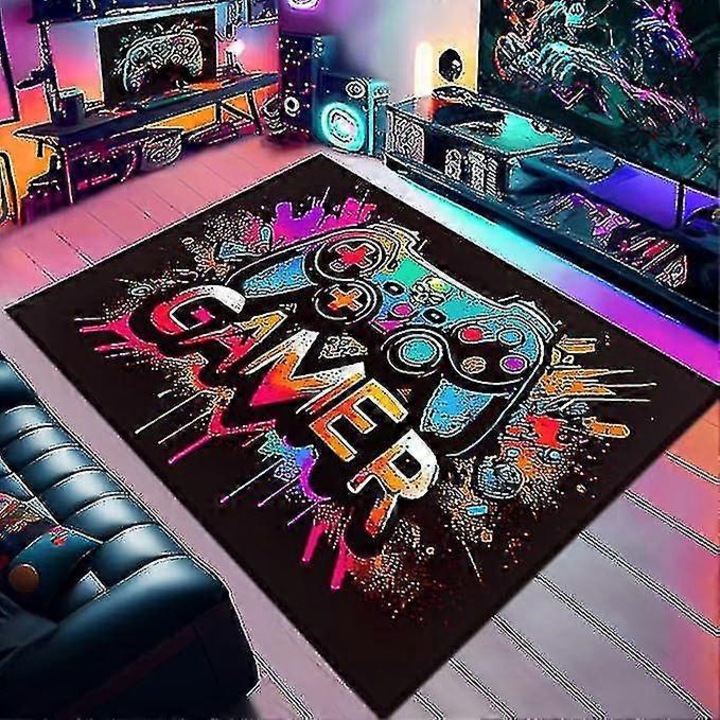Covor de gaming din microfibra cu design controller, Multicolor, 80 x 120 cm