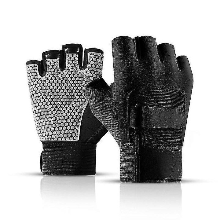 Manusi de ciclism din imitatie de piele cu degete scurte, antiderapante si rezistente, negru/gri, L
