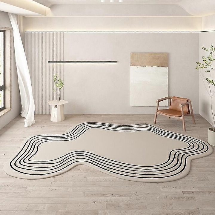 Covor neregulat pentru living JO0112, poliester, talpa antiderapanta (latex), bej cu dungi negre, 80 x 120 cm