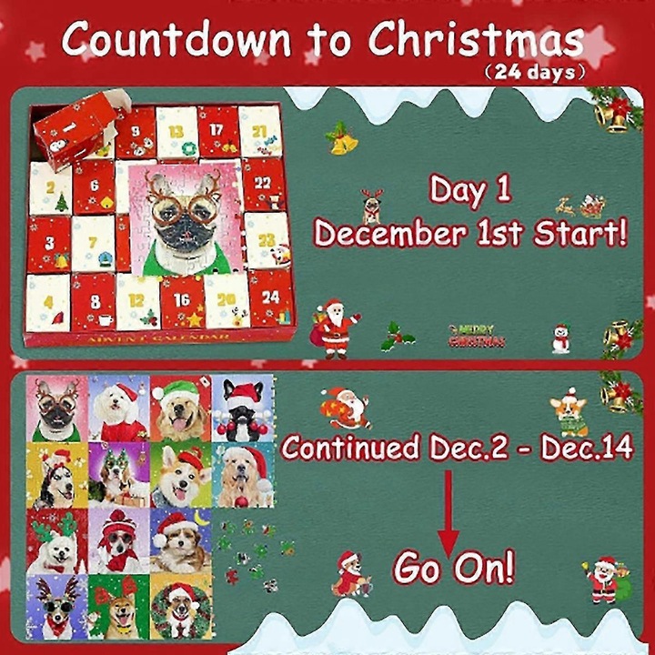 Puzzle calendar de Advent 2025, 24 de zile, 1008 piese, tema Craciun cu caini, multicolor, 28 x 26 x 5 cm