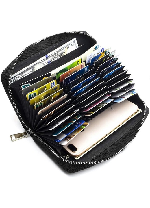 Portofel din piele naturala, plic mare RFID cu 36 sloturi pentru carduri, buzunar pentru telefon (potrivit iPhone 12 Pro Max), negru, 20 x 11 x 5 cm