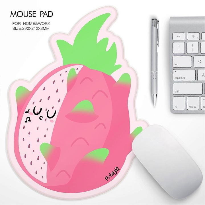 Mouse pad in forma de pitaya (dragon fruit), material textil, imprimare termica pe o parte, roz/verde, 290 x 212 x 3 mm
