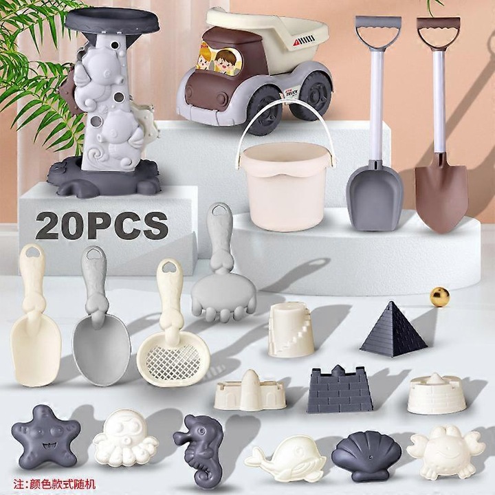 Set jucarii de plaja 218-46, set pentru nisip si apa din plastic, gri/alb, 20 piese, pentru copii 4-6 ani, eMAG-CJ16-fr2608055881