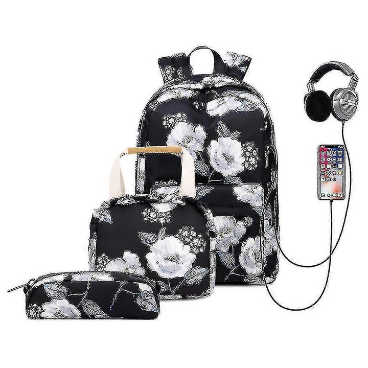 Rucsac scolar textil, set cu port USB extern si jack pentru casti, geanta termo si penar, negru/alb, 30 x 14 x 43 cm