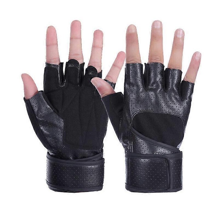 Manusi fitness din microfibra si lycra, tip jumatate degete cu incheietura infasuratoare reglabila 50 cm, perna palma antisoc si antiderapante, negru, unisex