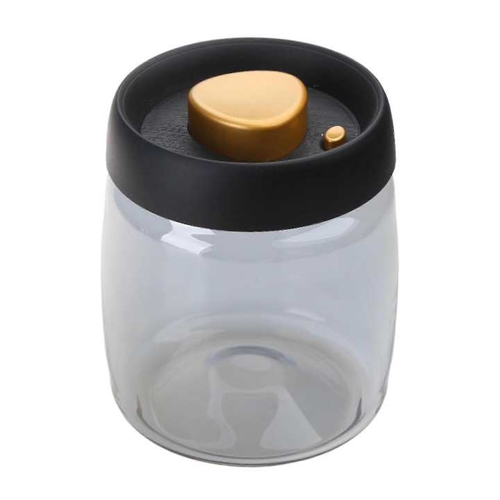 Recipient vidat pentru cafea si alimente, model eMAG-CJ16-fr2608056423, capac cu pompa vacuum, sticla si PP, etans, negru/auriu