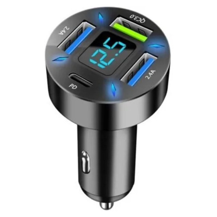 Incarcator auto K0544-26805-804-MLC, 4 porturi USB (PD 20W Type-C, QC3.0 18W, 2x USB-A 2.4A), putere totala 50W, afisaj LED tensiune, compatibil 12V/24V, negru, 60x38 mm