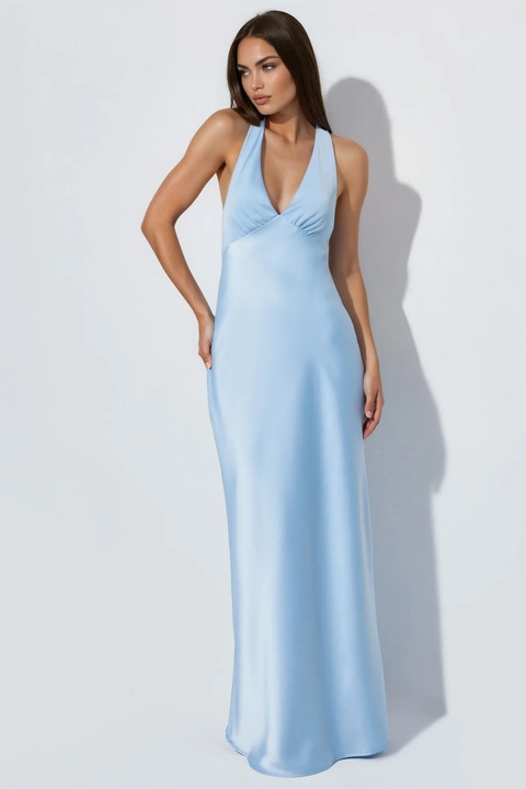 Rochie maxi HiCCUP satin albastru deschis cu decolteu in V