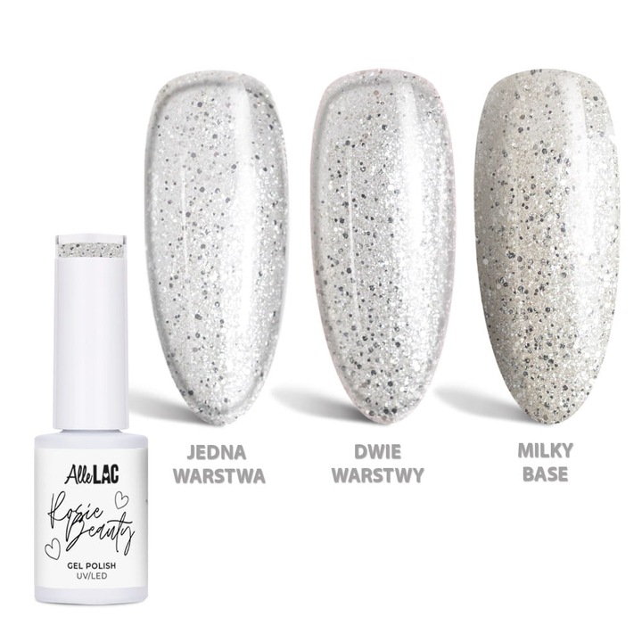 Lac gel hybrid LED/UV AlleLac Szron (Rosie Beauty x AlleLAC), HEMA/Di-HEMA free, alb-auriu cu sclipici, 6 g