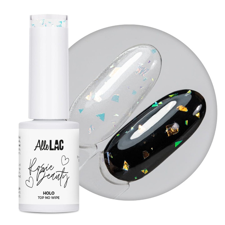 Top No Wipe AlleLac Holo (AlleLac x Rosie Beauty) cu folie holo taiata, multicolor, 6 g