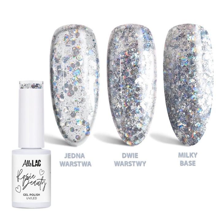 Lac de unghii gel LED/UV AlleLac Rosie Beauty Max Glow (294162), argintiu holografic cu sclipici si glitter mare, 6 g