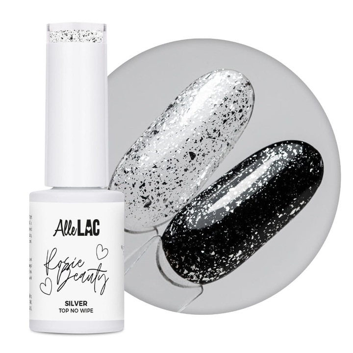 Top pentru unghii AlleLac AlleLac x Rosie Beauty Silver No Wipe, cu fragmente de folie taiata argintie, 6 g