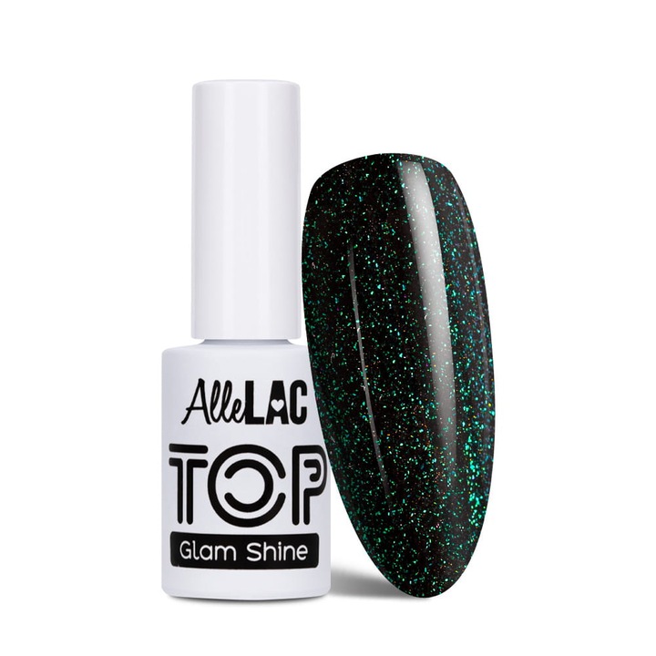 Top pentru lacuri semipermanente AlleLac Glam Shine Chrisolite fara stergere, sclipici fin, verde, 5 g