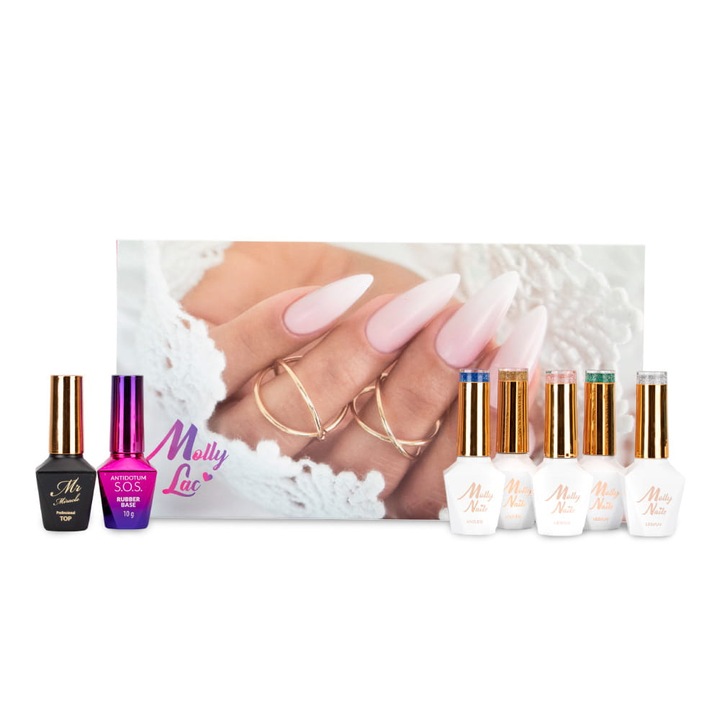 Set 5 lacuri semipermanente Molly Nails Flashing Lights, cu baza S.O.S. si top Mr Miracle, 5 x 8g + baza 10g + top 10g, multicolor, HEMA/Di-HEMA Free